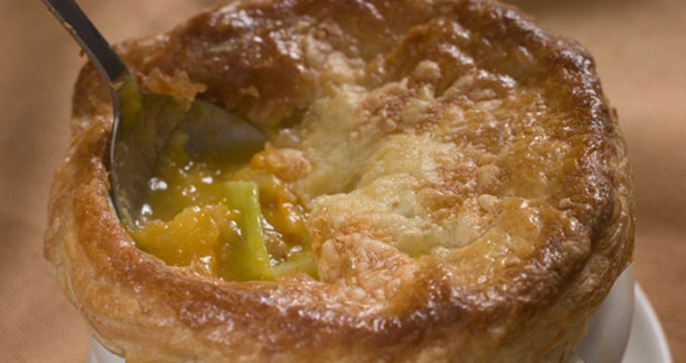 Roasted Pumpkin, Leek and Ginger Soup with Pastry Tops