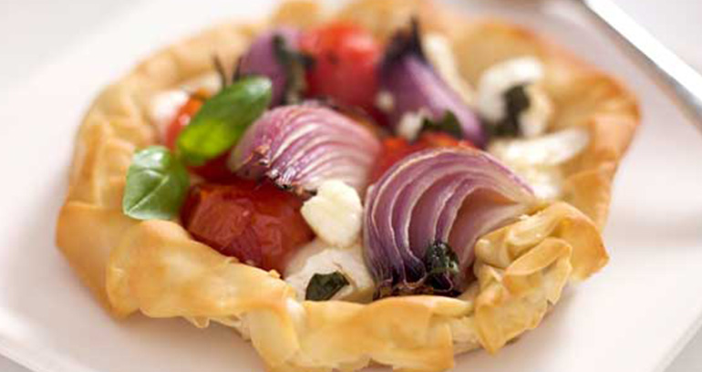 Filo Tartlets with Roasted Onions, Tomatoes and Goats Cheese