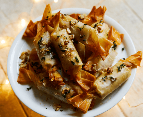 Baked Cranberry & Brie Filo Crackers served in a plate