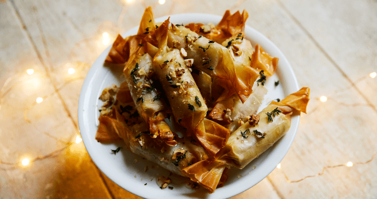Baked Cranberry & Brie Filo Crackers served in a plate