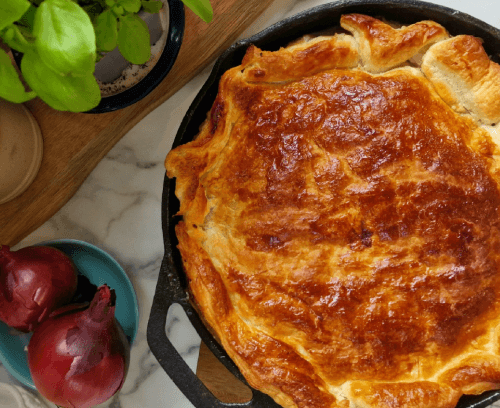 Vegetarian Sausage & Sage Filo Pie in a pan