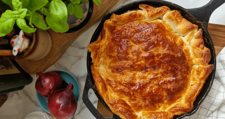 Vegetarian Sausage & Sage Filo Pie in a pan