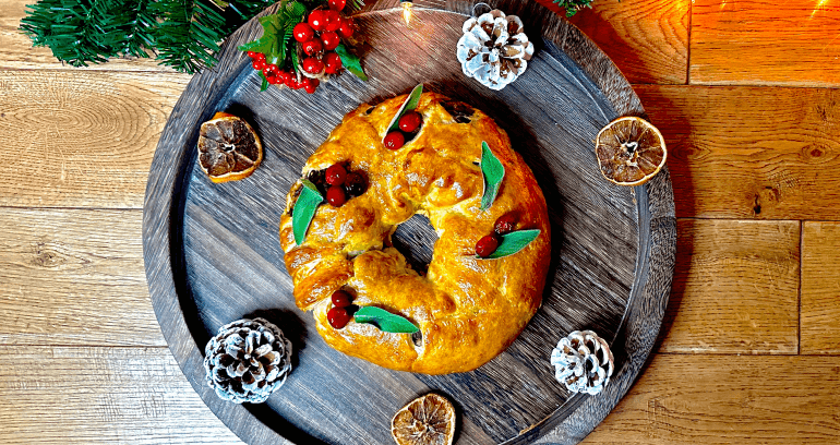 Christmas Pastry Wreath served on wooden plate