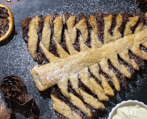 Chocolate Puff Pastry Christmas Tree sprinkled with caster sugar
