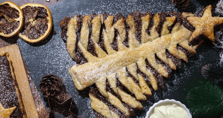 Chocolate Puff Pastry Christmas Tree sprinkled with caster sugar